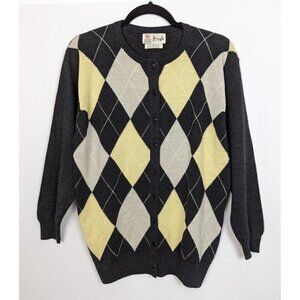 Vintage PRINGLE Scotland L Lambswool Argyle Diamond Checkered Sweater Cardigan
